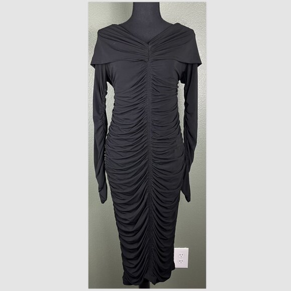 A.L.C. Dress Off Shoulder Sz L Black Ruched Stretch Jersey Midi NWT - Picture 2 of 6